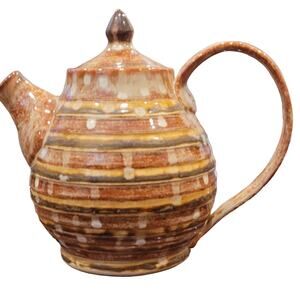 Art Pottery Brown striped and white drip glaze teapot signed